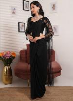 Lycra Black Party Wear Pearl Work Ready To Wear Saree